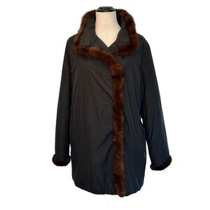 Junge collection fur trimmed hip length black and brown jacket